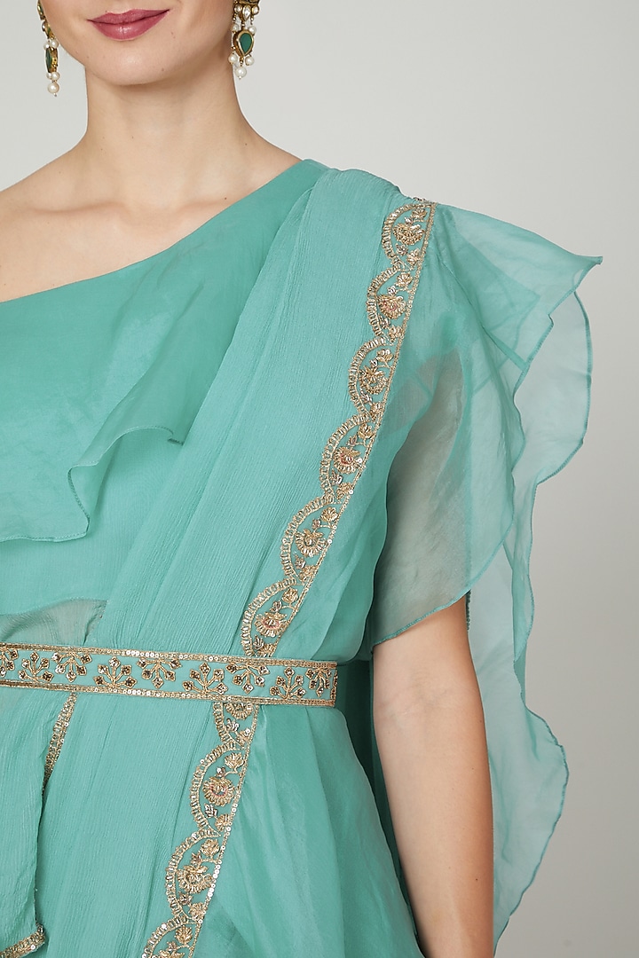 Teal Chiffon & Organza Ruffled Reception Saree Set by Ridhi Mehra at Pernia's Pop Up Shop