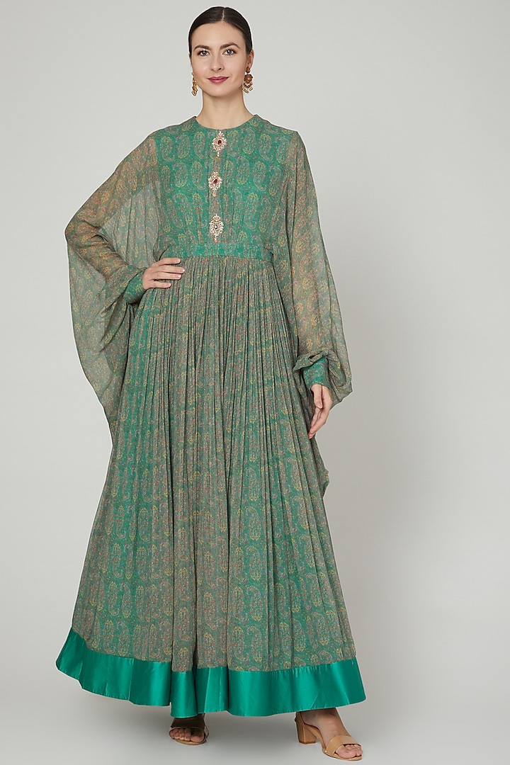 Turquoise Printed Anarkali With Embroidered Buttons by Ridhi Mehra
