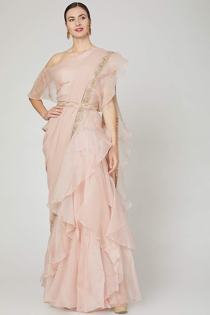 Blush Pink Ruffled Saree Set With Belt by Ridhi Mehra at Pernia's Pop Up Shop