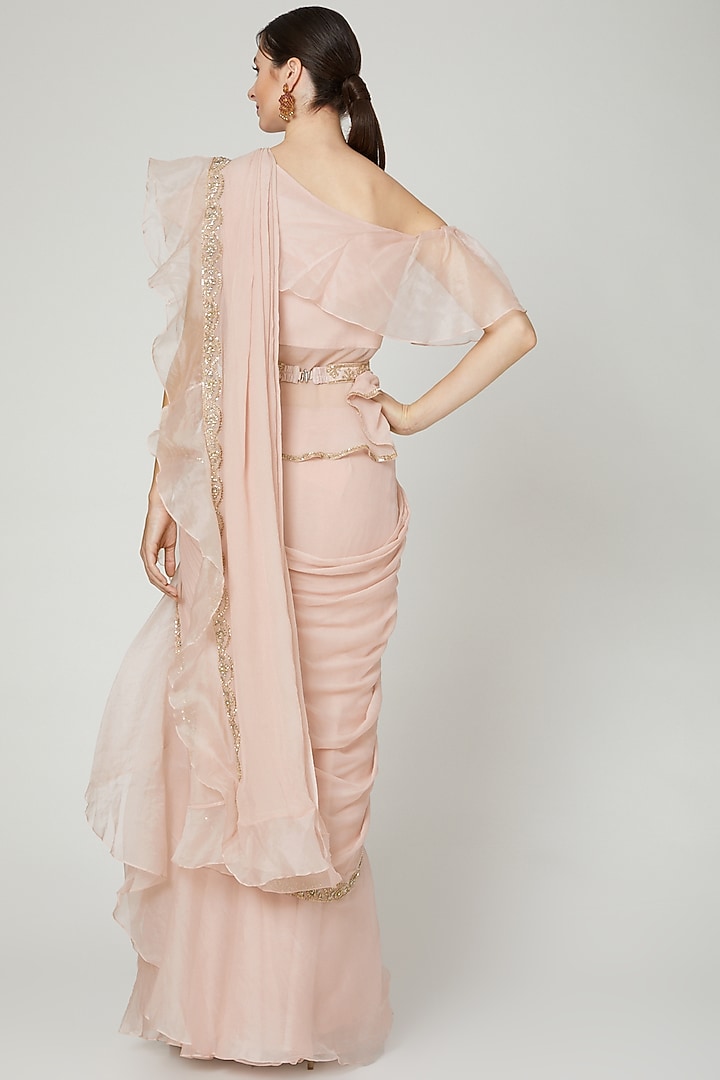 Blush Pink Ruffled Reception Saree Set With Belt by Ridhi Mehra at Pernia's Pop Up Shop