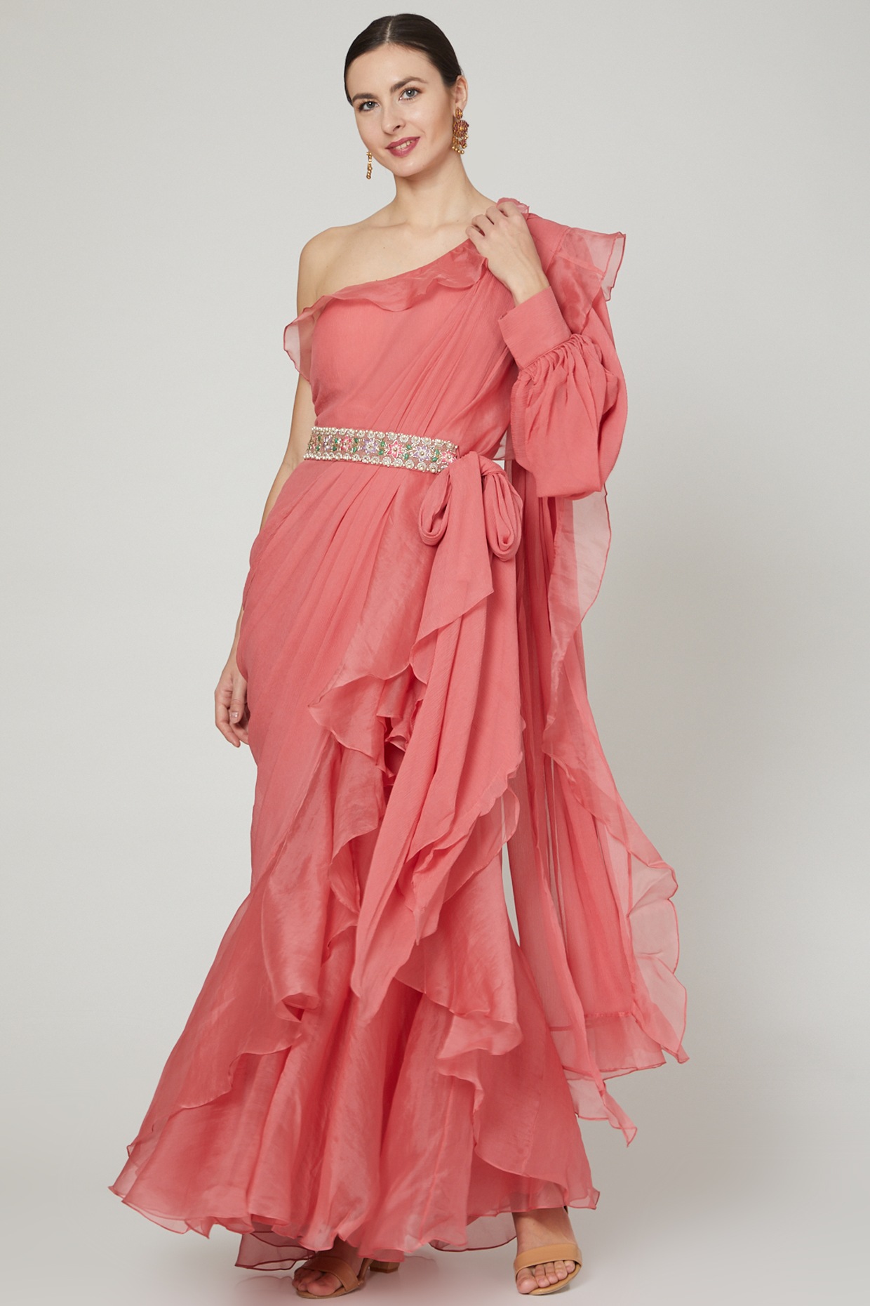 Rust Pink Ruffled Saree Set With Belt 