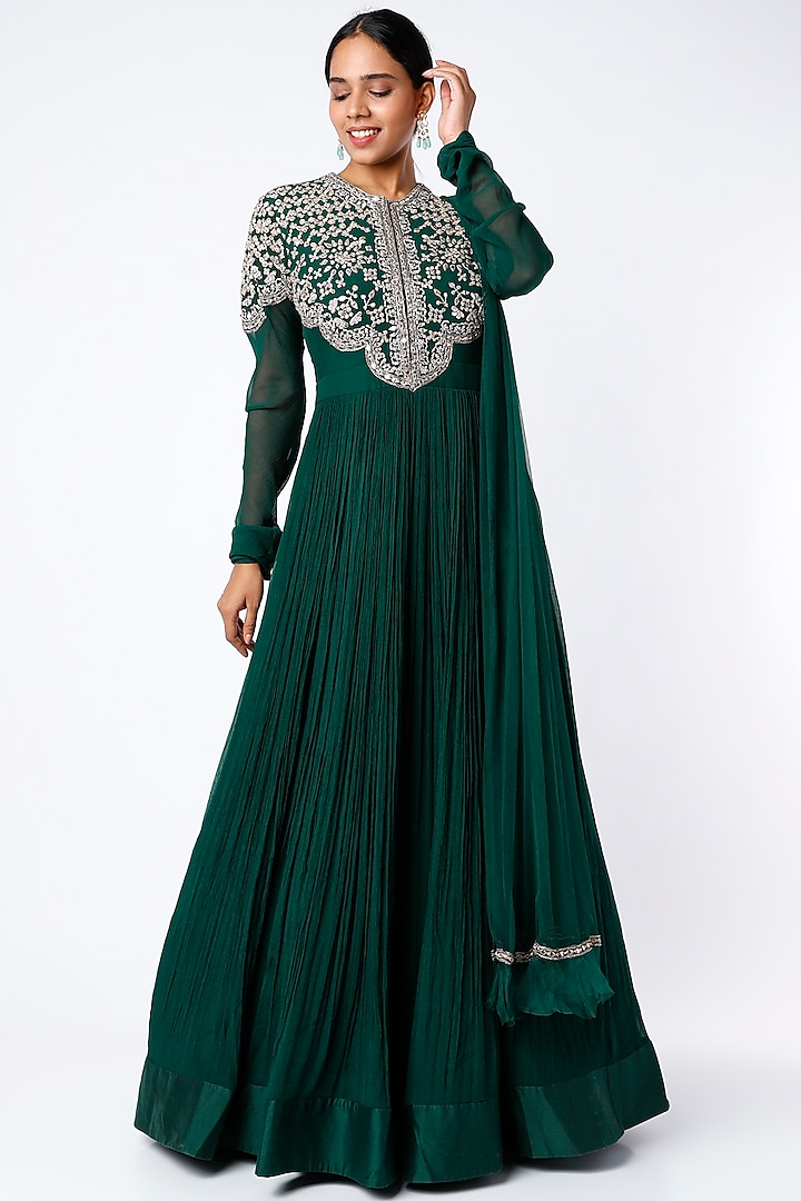 Emerald Green Embroidered Anarkali Set by Ridhi Mehra