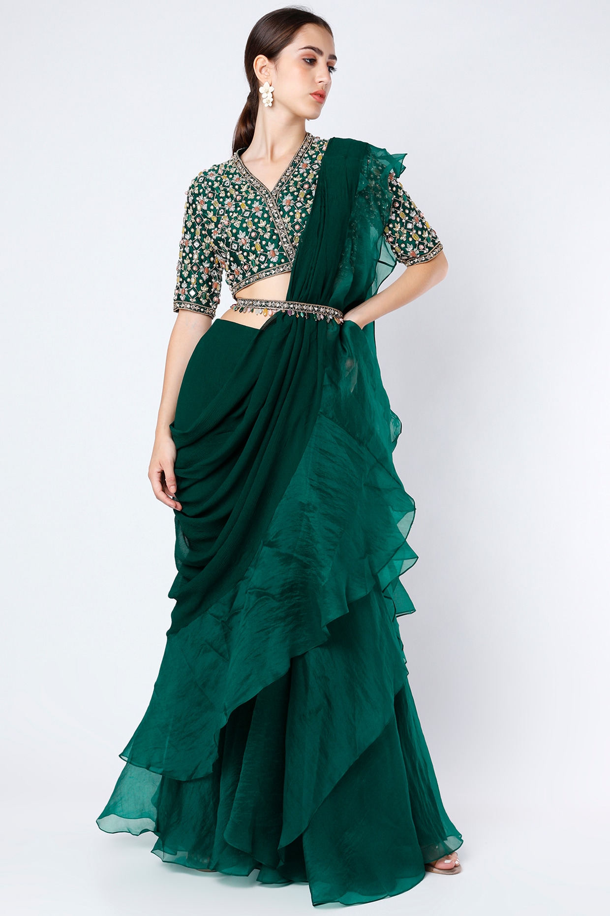 Adaara Couture Embellished Pre-draped Saree With Blouse | Green, Raw Silk,  Asymmetric, Cap | Saree, Drape saree, Green saree