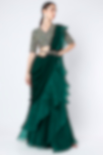 Emerald Green Ruffled Draped Saree Set by Ridhi Mehra