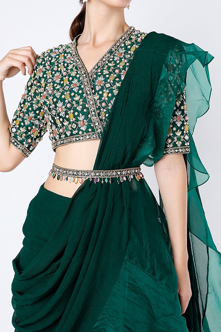 Emerald Green Ruffled Draped Reception Saree Set by Ridhi Mehra at Pernia's Pop Up Shop
