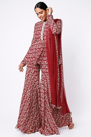 Red Printed Gharara Set by Ridhi Mehra