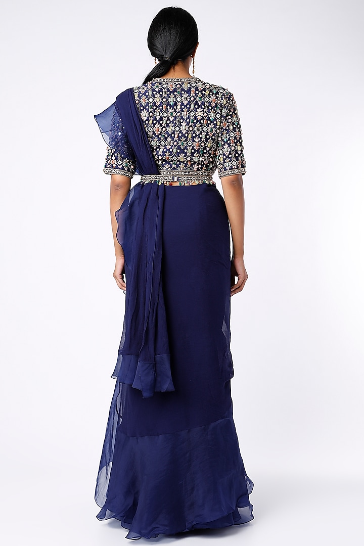 Midnight Blue Ruffled Draped Reception Saree Set by Ridhi Mehra at Pernia's Pop Up Shop