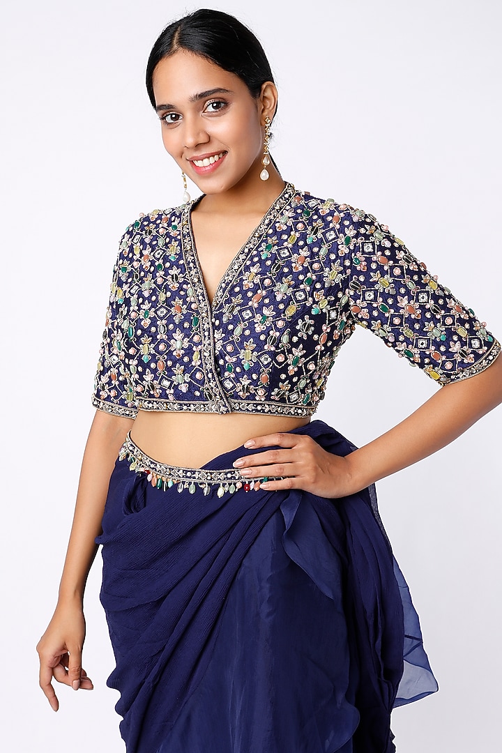 Midnight Blue Ruffled Draped Reception Saree Set by Ridhi Mehra at Pernia's Pop Up Shop
