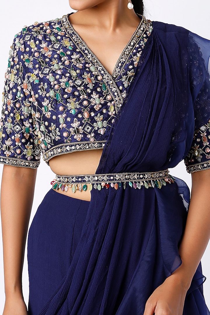 Midnight Blue Ruffled Draped Reception Saree Set by Ridhi Mehra at Pernia's Pop Up Shop