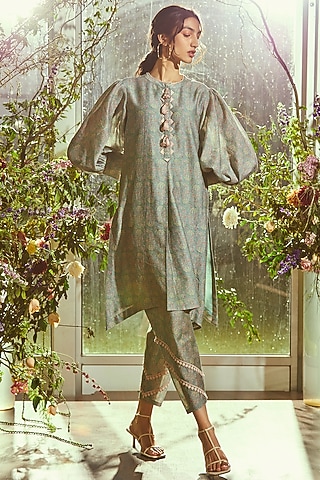 Morning Blue Printed High-Low Kurta by Ridhi Mehra Pret