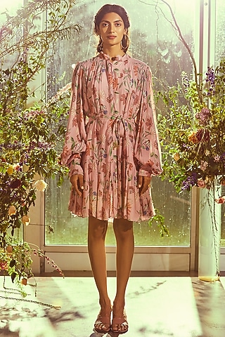 Baby Pink Printed A-Line Dress With Belt by Ridhi Mehra Pret