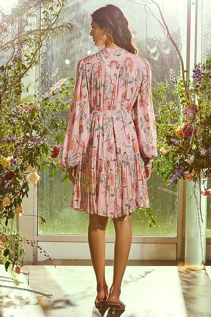 Baby Pink Printed A-Line Vacation Dress With Belt by Ridhi Mehra Pret at Pernia's Pop Up Shop