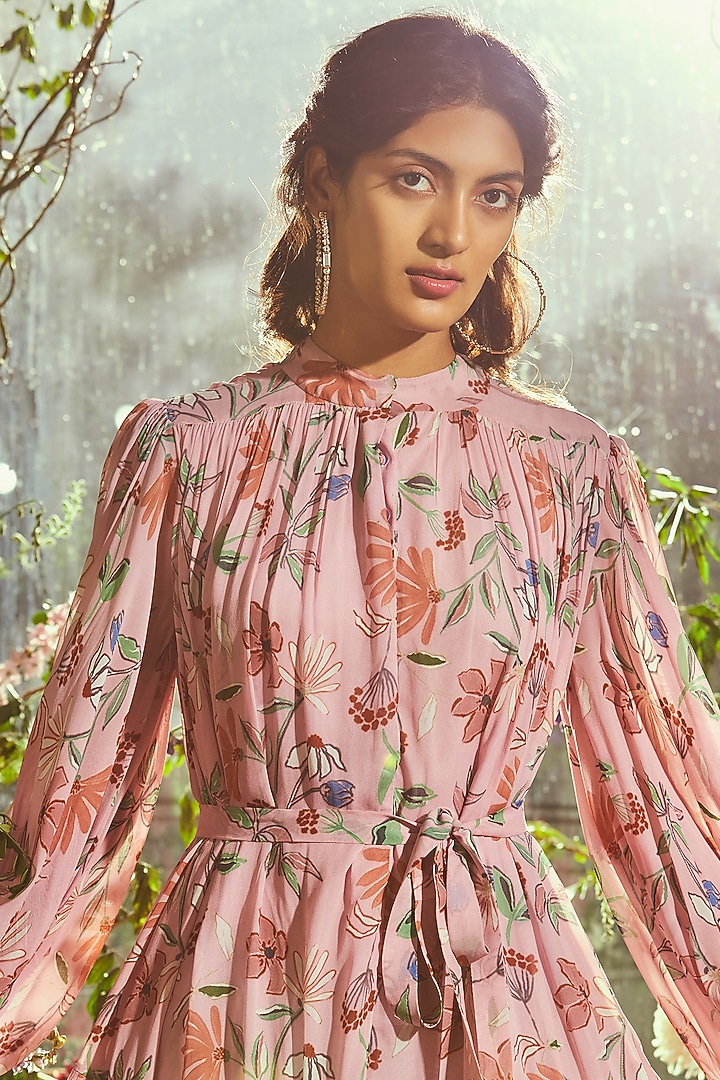 Baby Pink Printed A-Line Vacation Dress With Belt by Ridhi Mehra Pret at Pernia's Pop Up Shop