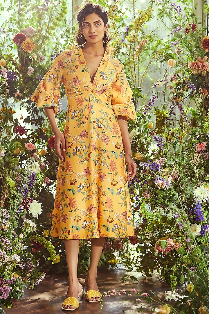 Bright Yellow Floral Printed Dress by Ridhi Mehra Pret