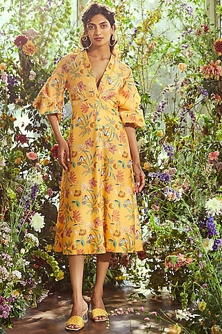 Bright Yellow Floral Printed Dress by Ridhi Mehra Pret