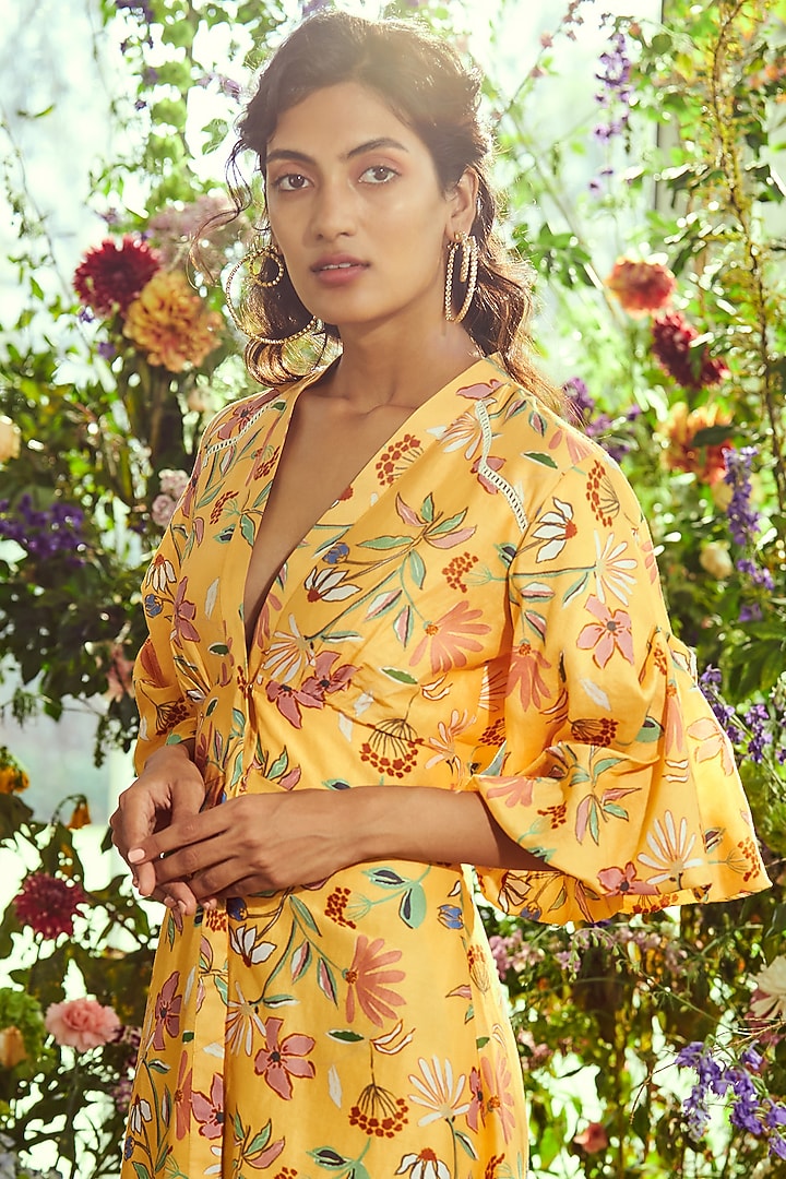 Bright Yellow Floral Printed Vacation Dress by Ridhi Mehra Pret at Pernia's Pop Up Shop