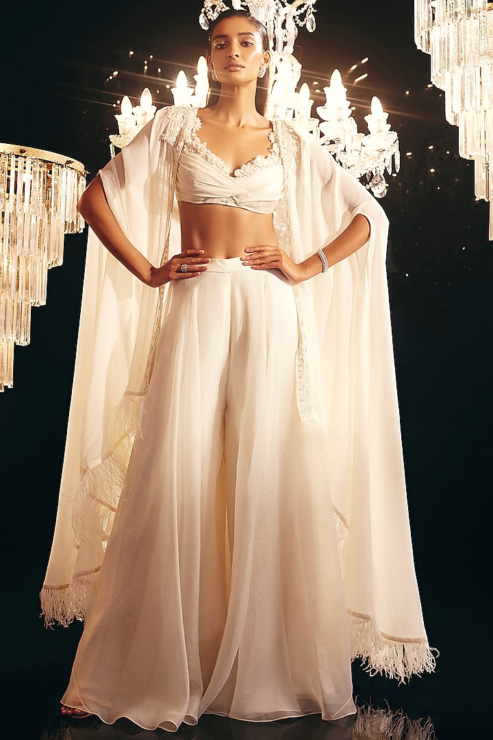 Ivory Embroidered Cape Set by Ridhi Mehra