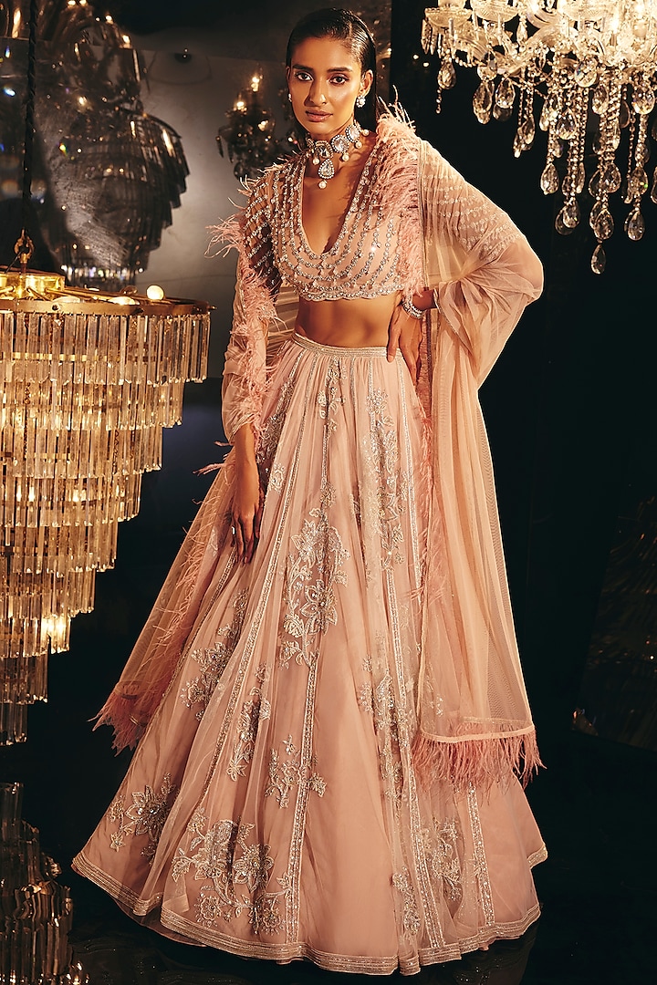 Beige Pink Embellished Lehenga Set by Ridhi Mehra