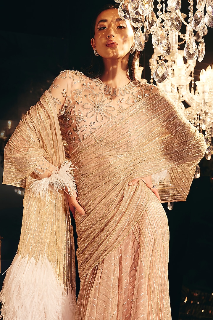 Beige Pink Net Embroidered Bridal Saree Set by Ridhi Mehra at Pernia's Pop Up Shop