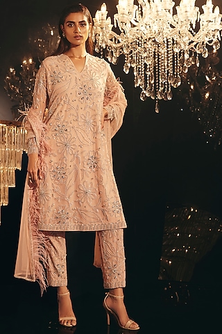 Beige Pink Embroidered Kurta Set by Ridhi Mehra