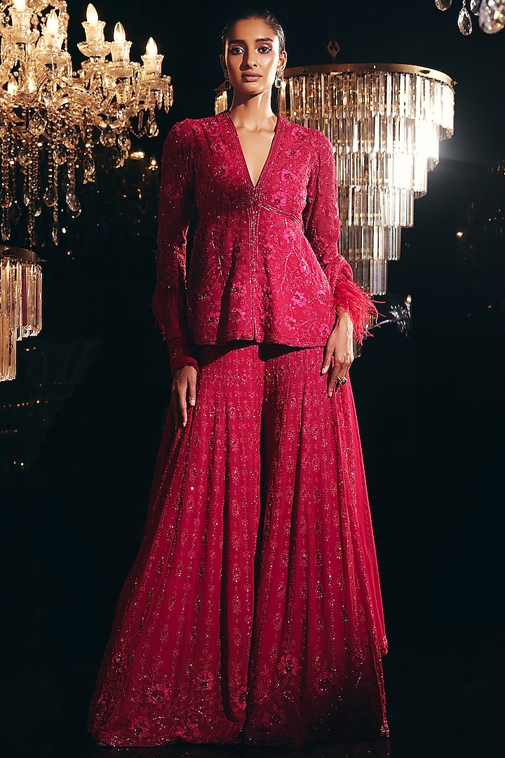Deep Fuchsia Embroidered Bridal Sharara Set by Ridhi Mehra at Pernia's Pop Up Shop
