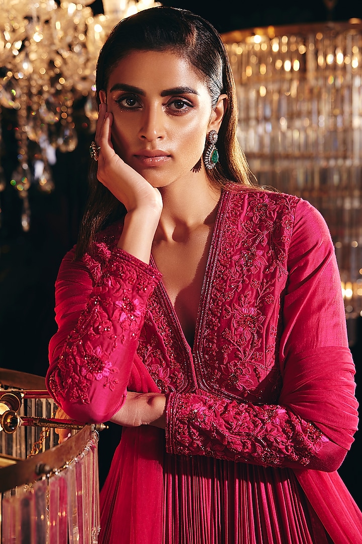 Deep Fuchsia Embroidered Bridal Anarkali Set by Ridhi Mehra at Pernia's Pop Up Shop