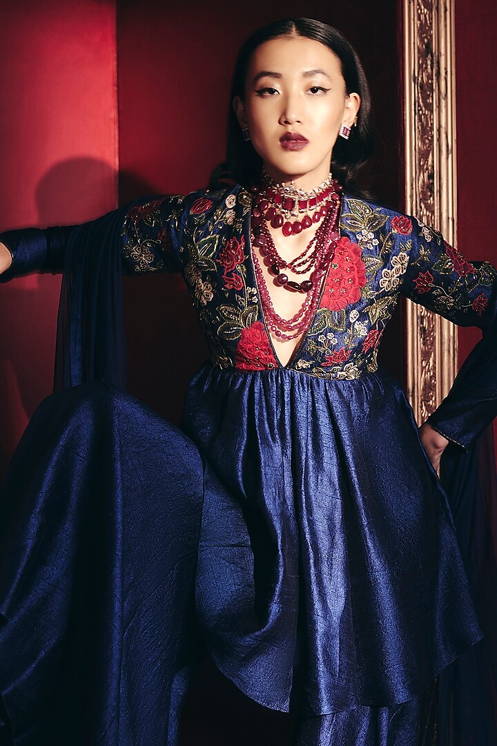 Navy Blue Raw Silk Gharara Set by Ridhi Mehra at Pernia's Pop Up Shop