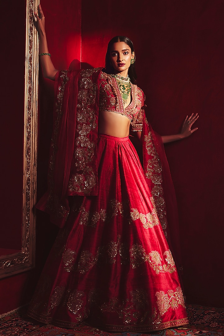 Cherry Red Embroidered Bridal Lehenga Set by Ridhi Mehra at Pernia's Pop Up Shop