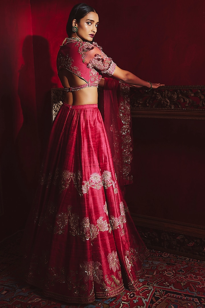 Cherry Red Embroidered Bridal Lehenga Set by Ridhi Mehra at Pernia's Pop Up Shop