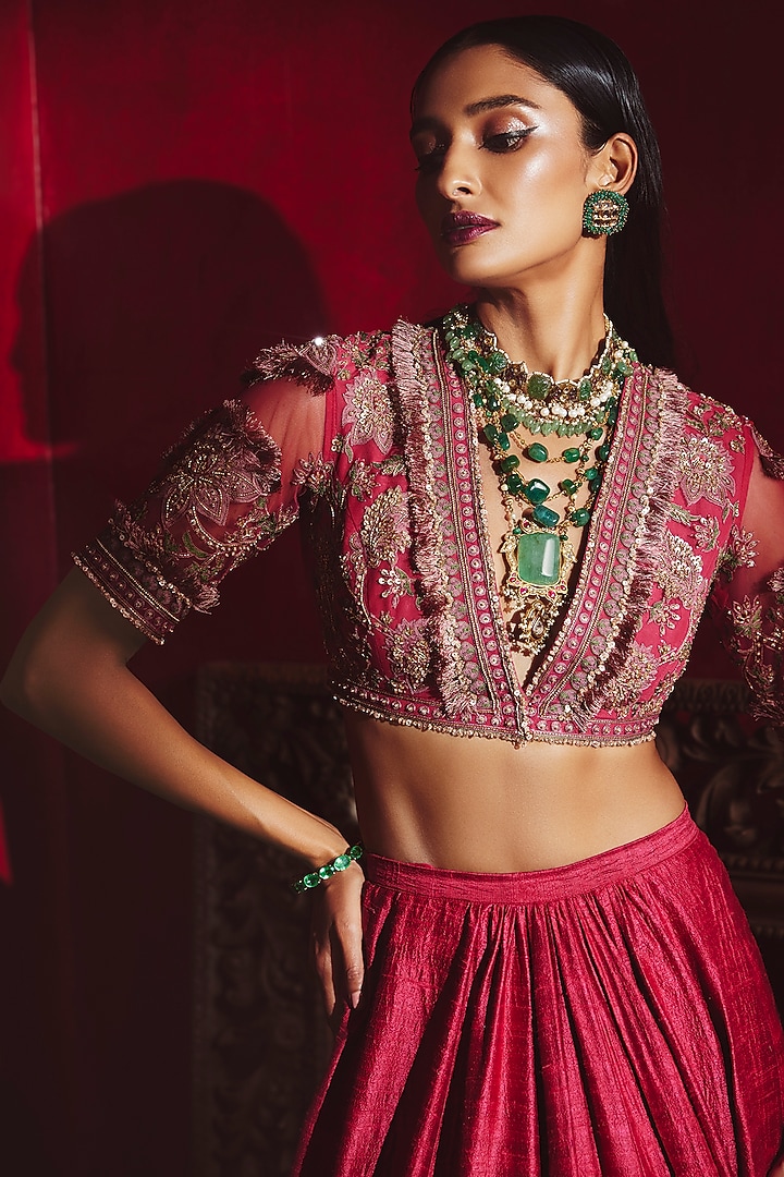 Cherry Red Embroidered Bridal Lehenga Set by Ridhi Mehra at Pernia's Pop Up Shop