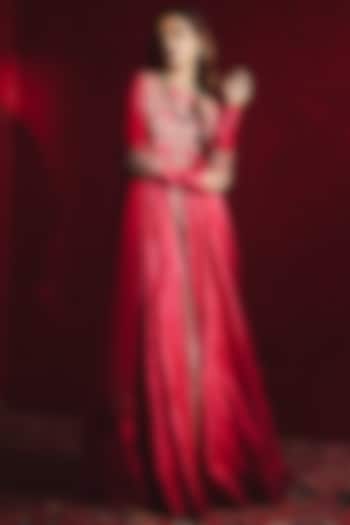 Cherry Red Embroidered Bridal Anarkali Set by Ridhi Mehra at Pernia's Pop Up Shop