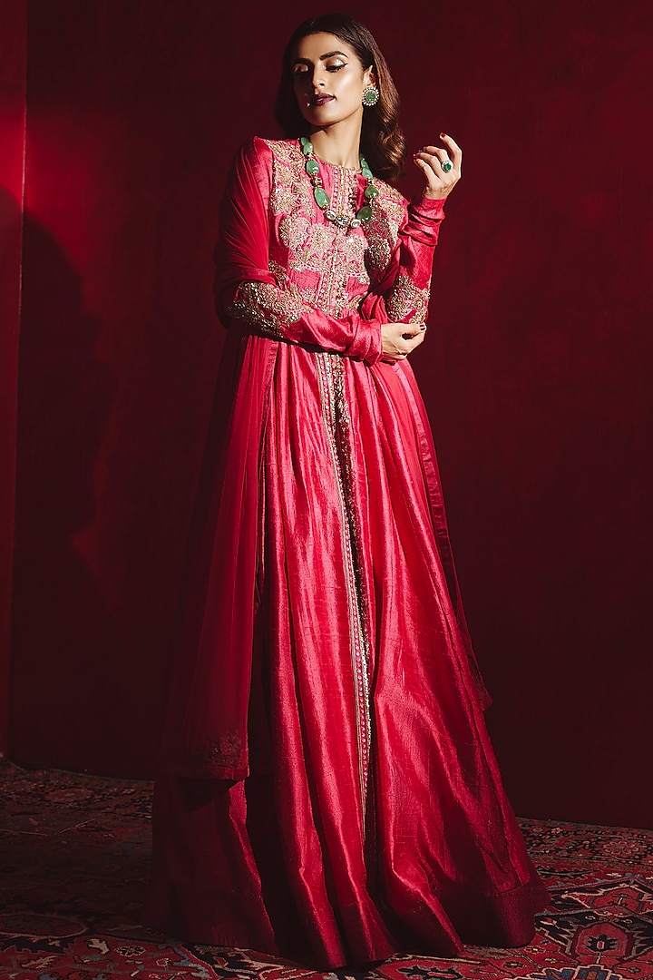 Cherry Red Embroidered Bridal Anarkali Set by Ridhi Mehra at Pernia's Pop Up Shop