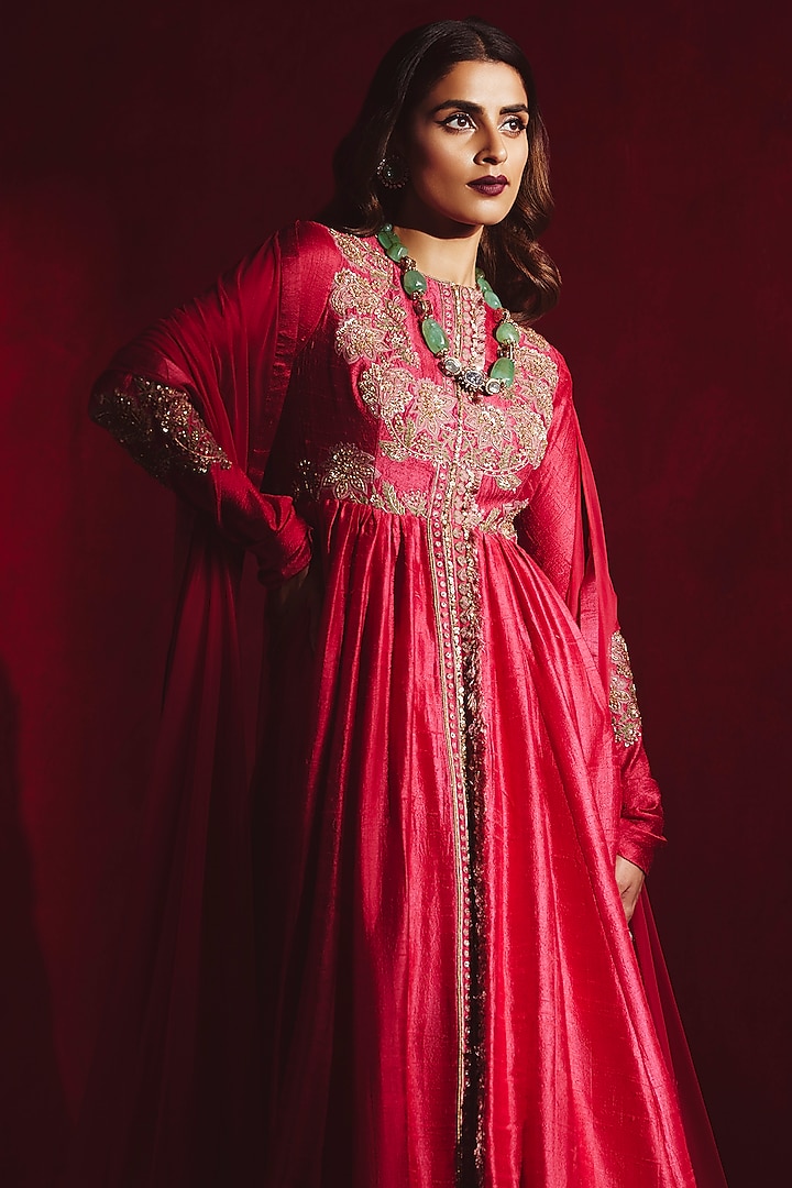 Cherry Red Embroidered Bridal Anarkali Set by Ridhi Mehra at Pernia's Pop Up Shop