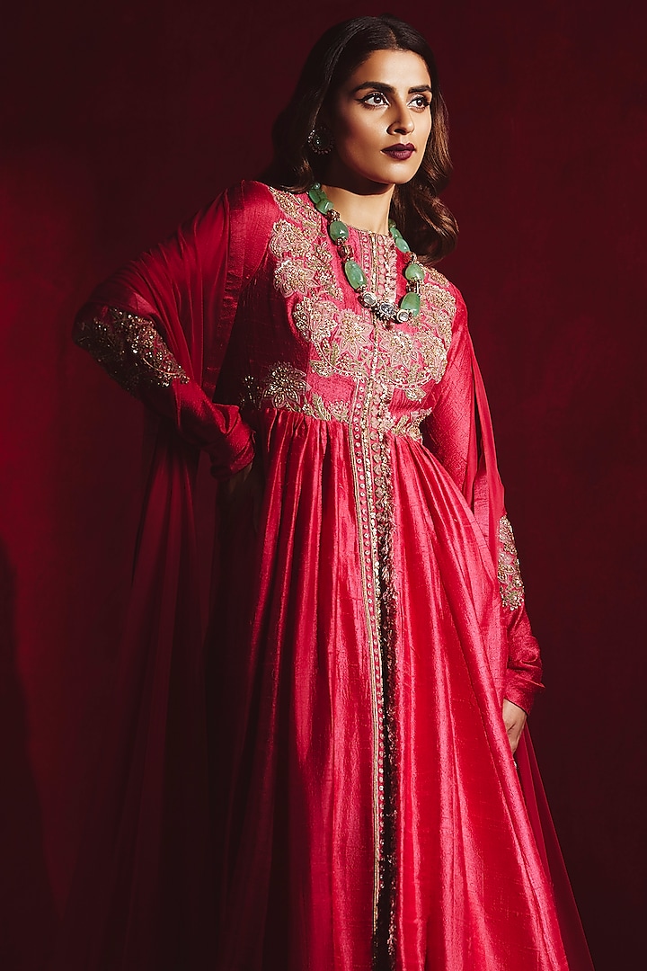 Cherry Red Embroidered Bridal Anarkali Set by Ridhi Mehra at Pernia's Pop Up Shop