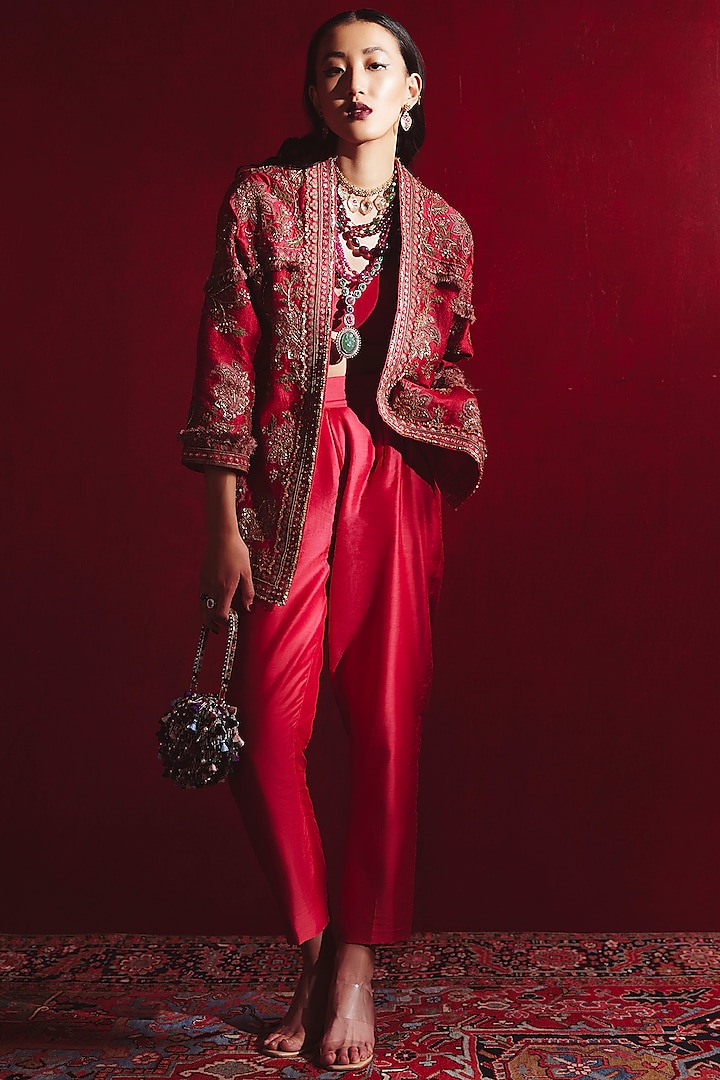 Cherry Red Embroidered Jacket Set by Ridhi Mehra