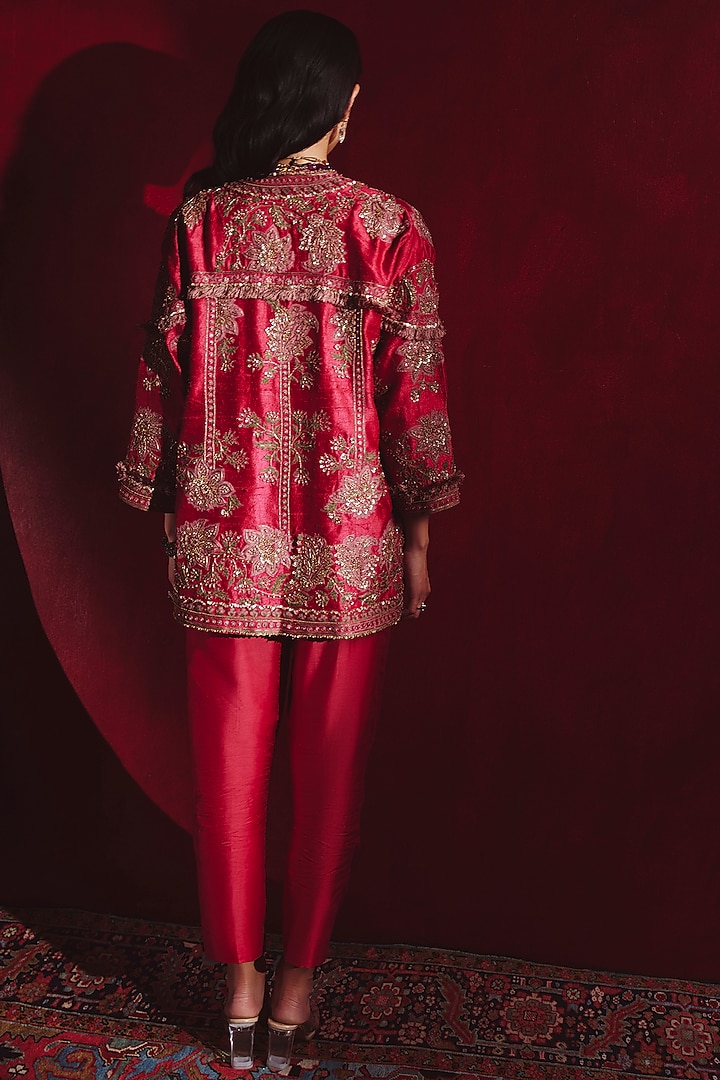 Cherry Red Embroidered Jacket Set by Ridhi Mehra at Pernia's Pop Up Shop