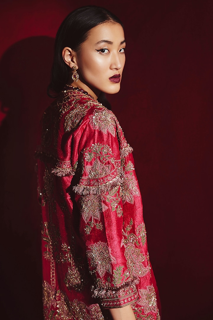 Cherry Red Embroidered Jacket Set by Ridhi Mehra at Pernia's Pop Up Shop