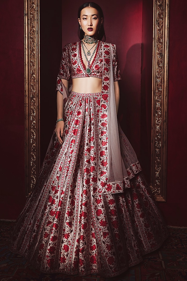Beige & Red Printed Wedding Lehenga Set by Ridhi Mehra at Pernia's Pop Up Shop