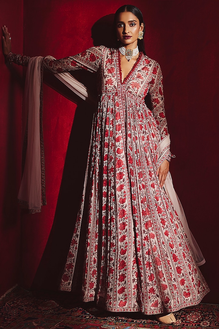 Beige & Red Printed Ruched Anarkali Set by Ridhi Mehra