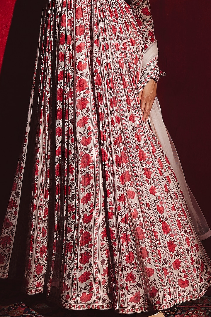 Beige & Red Printed Ruched Wedding Anarkali Set by Ridhi Mehra at Pernia's Pop Up Shop