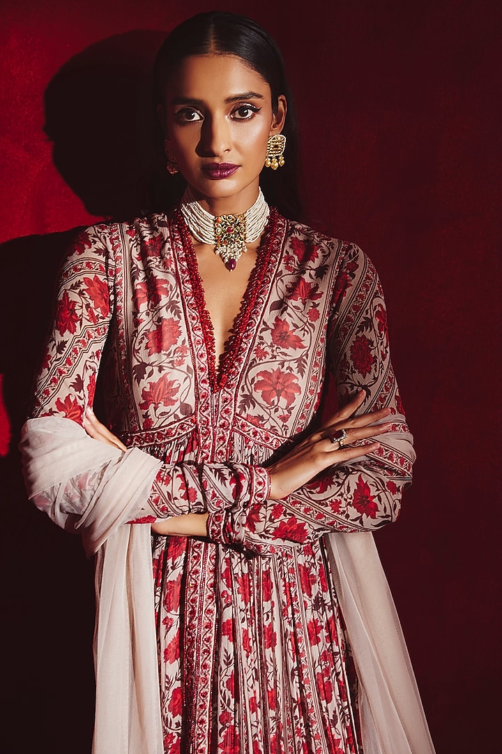 Beige & Red Printed Ruched Wedding Anarkali Set by Ridhi Mehra at Pernia's Pop Up Shop