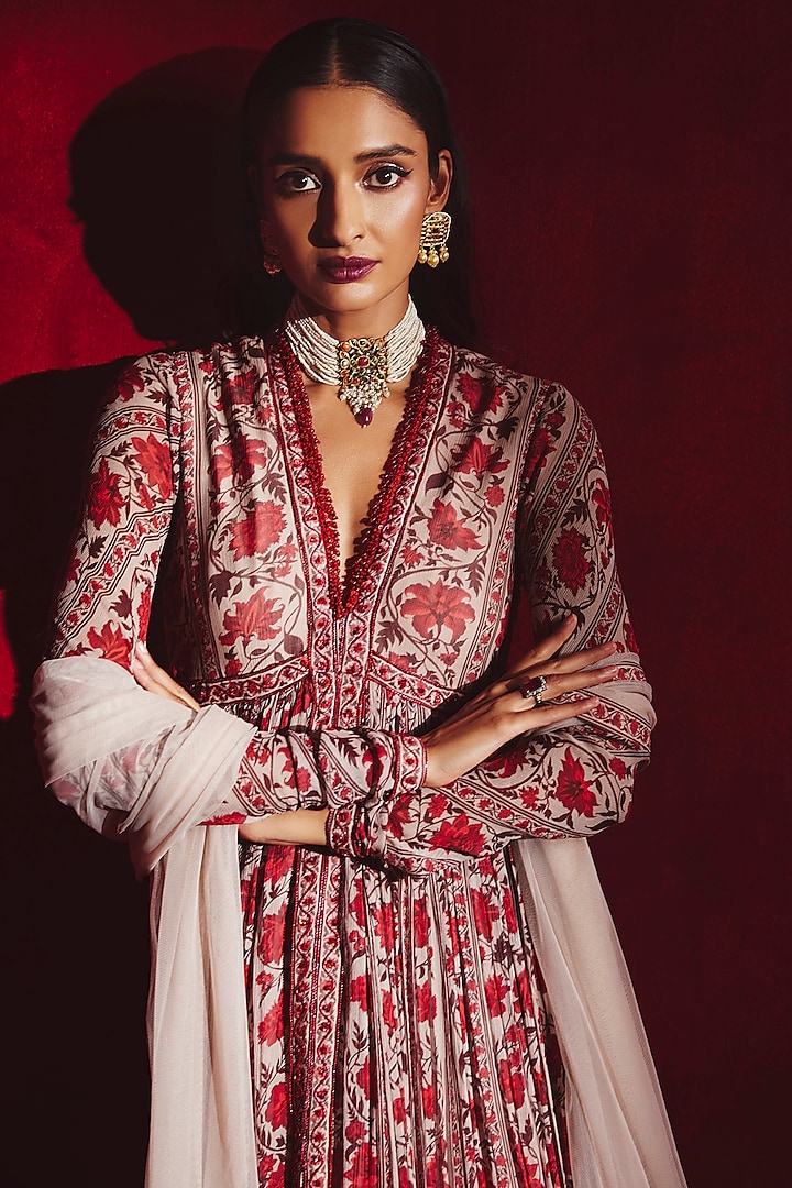 Beige & Red Printed Ruched Wedding Anarkali Set by Ridhi Mehra at Pernia's Pop Up Shop