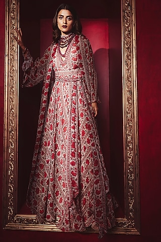 Beige & Red Printed Jumpsuit With Jacket by Ridhi Mehra
