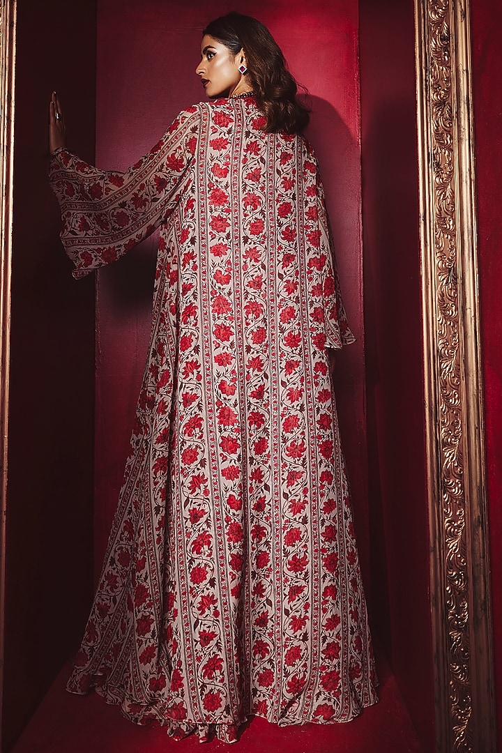 Beige & Red Printed Jumpsuit With Jacket by Ridhi Mehra at Pernia's Pop Up Shop