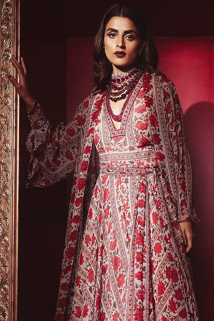 Beige & Red Printed Jumpsuit With Jacket by Ridhi Mehra at Pernia's Pop Up Shop