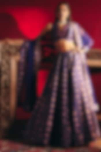 Purple Navy Printed Wedding Lehenga Set by Ridhi Mehra at Pernia's Pop Up Shop