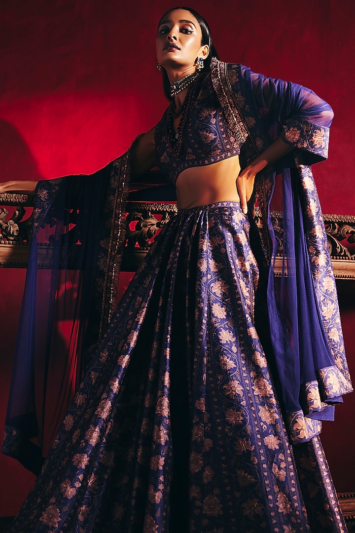Purple Navy Printed Wedding Lehenga Set by Ridhi Mehra at Pernia's Pop Up Shop