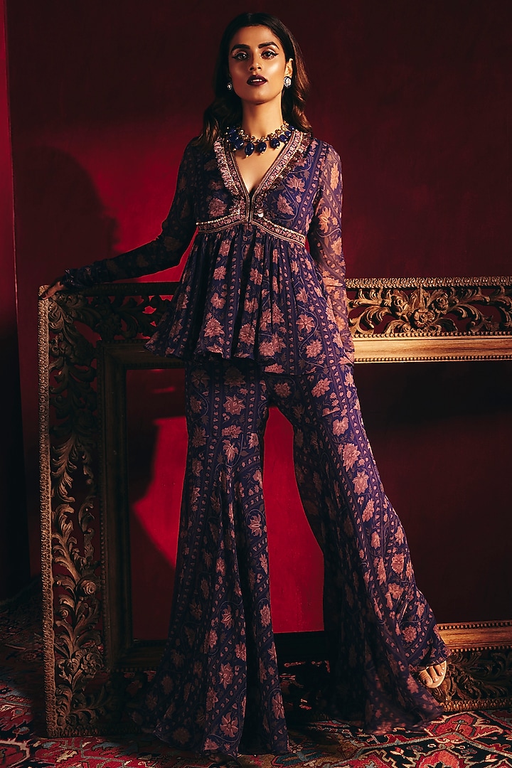 Purple Navy Printed Gharara Set by Ridhi Mehra at Pernia's Pop Up Shop