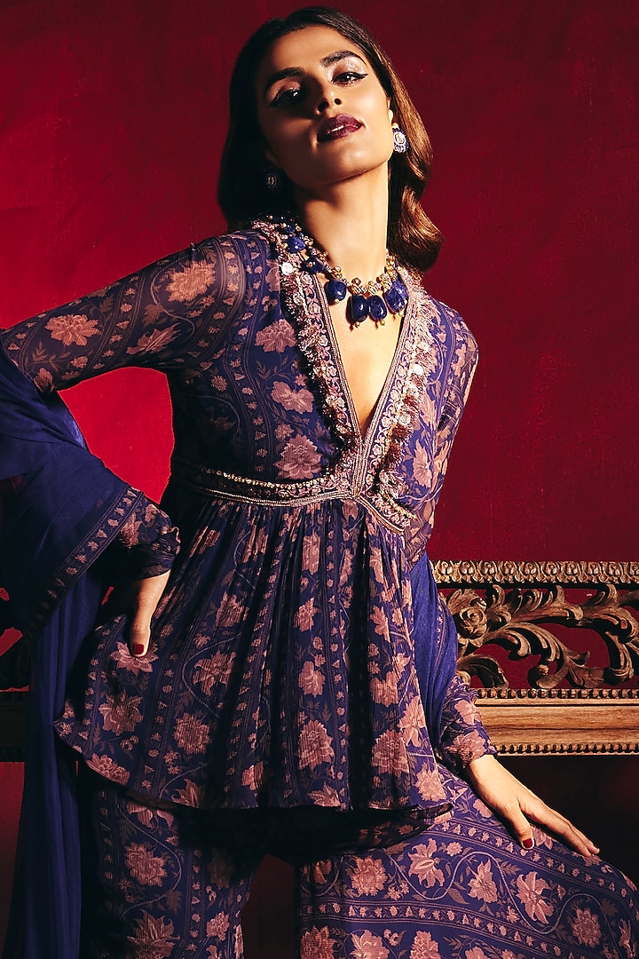 Purple Navy Printed Gharara Set by Ridhi Mehra at Pernia's Pop Up Shop