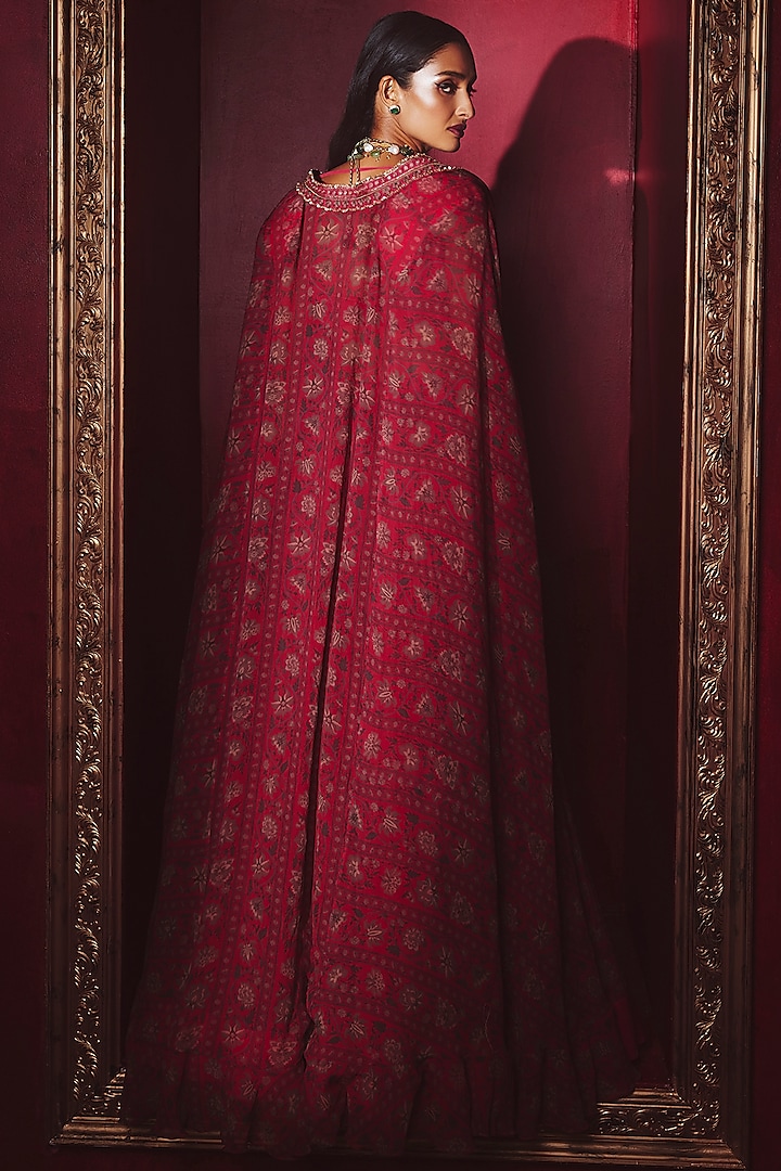 Fuchsia Printed & Embroidered Wedding Lehenga Set With Cape by Ridhi Mehra at Pernia's Pop Up Shop